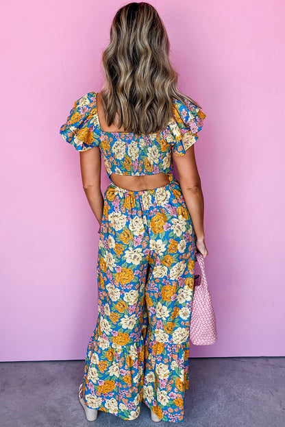 Yellow Floral Allover Print Shirred Cut Out High Waist Jumpsuit