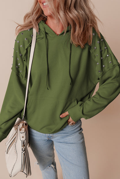 Vineyard Green Solid Color Rivet Stud Raglan Sleeve Hoodie with Pocket