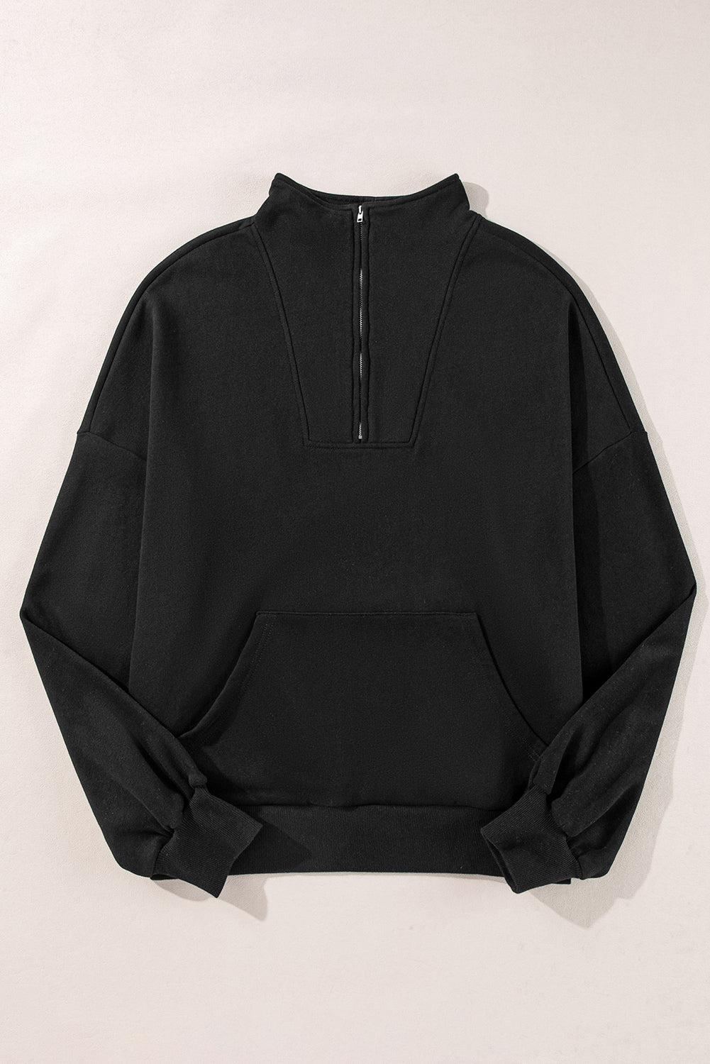 Black Zip-up Stand Neck Kangaroo Pocket Sweatshirt