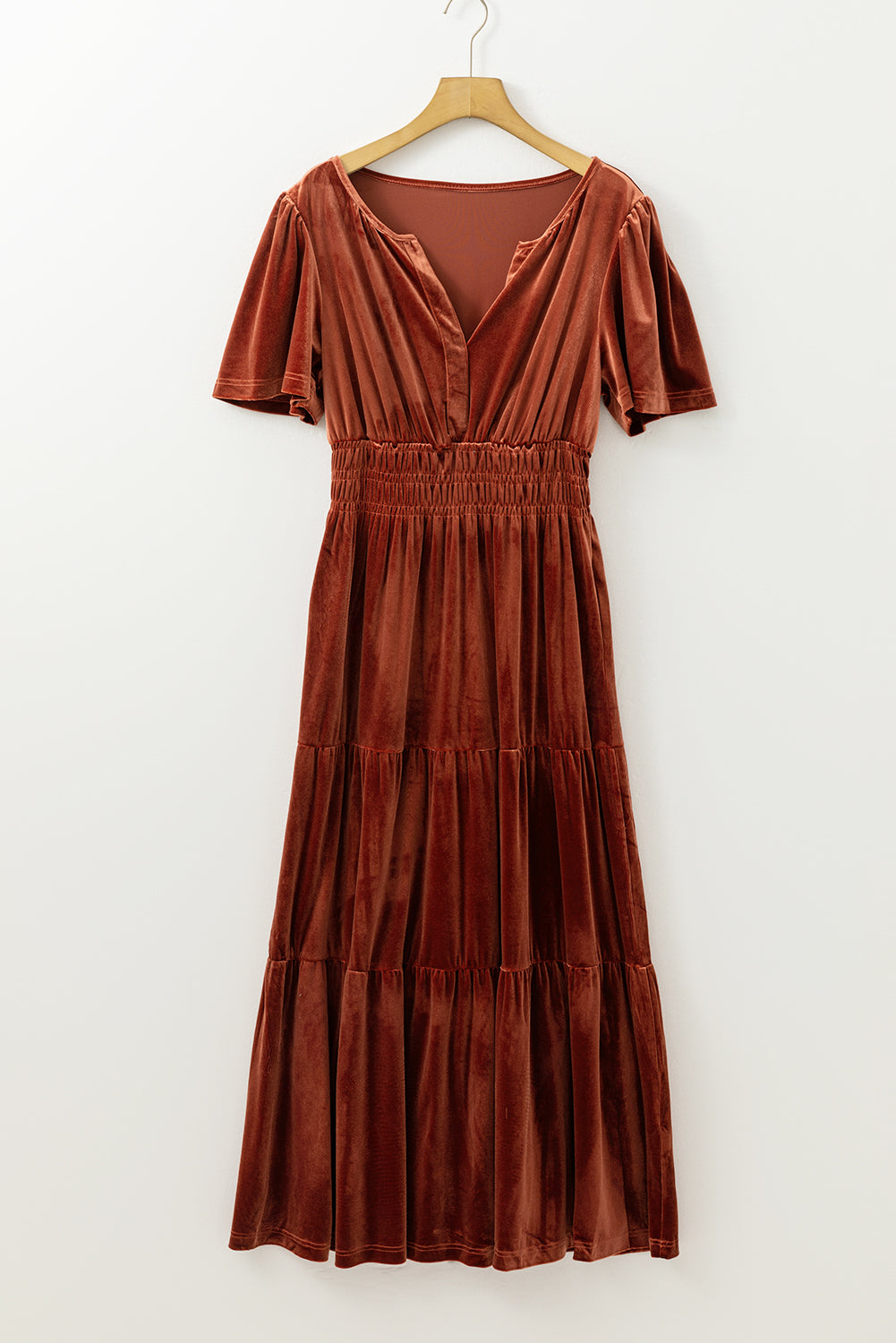 Chestnut Velvet Short Sleeve Shirred Waist Tiered Maxi Dress