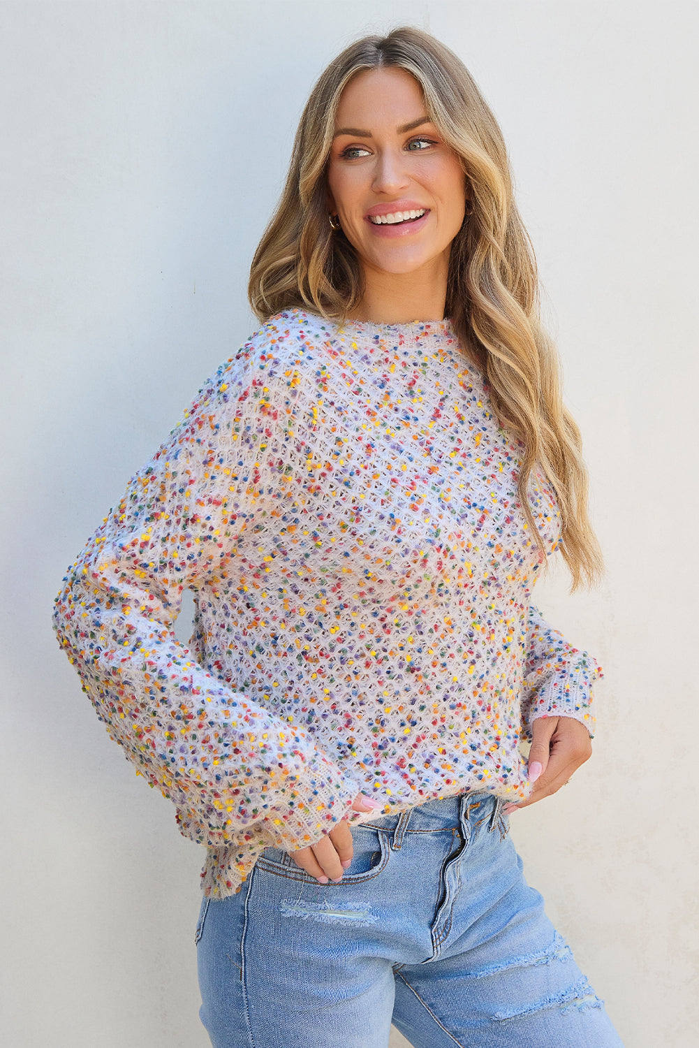 White Confetti Knit Popcorn Sweater Top