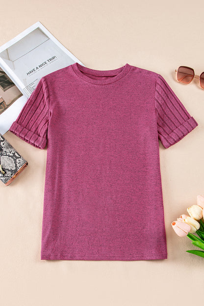 Bright Pink Ribbed Splicing Sleeve Round Neck T-shirt