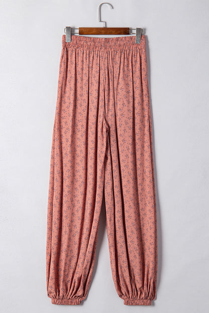 Pink Boho Floral Printed Wide Leg Jogger Pants