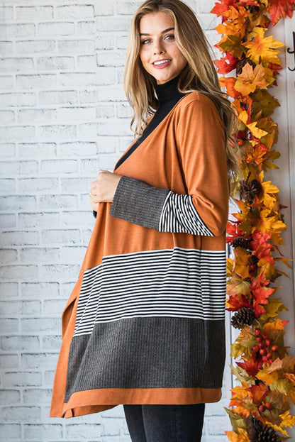 Orange Colorblock Striped Patchwork Open Cardigan