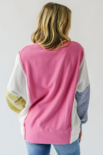 Sachet Pink Exposed Seam Striped Color Block Patchwork Long Sleeve Top