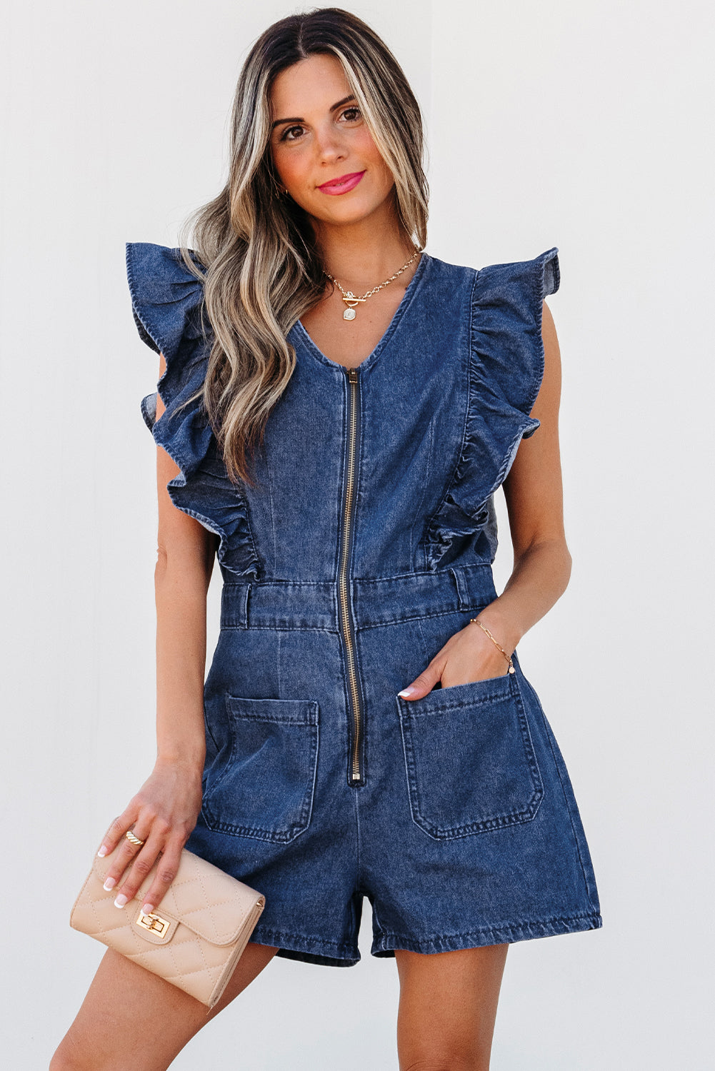 Sail Blue Denim Ruffled Zipped Front Belted Romper