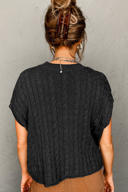 Black Crew Neck Cable Knit Short Sleeve Sweater