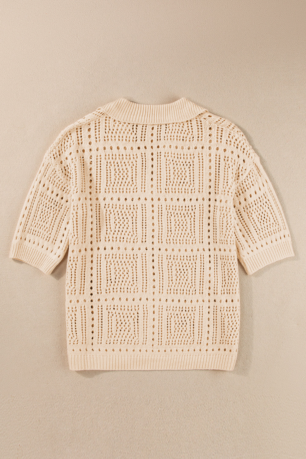 Apricot Turn-down Collar Hollowed Knit Short Sleeve Top