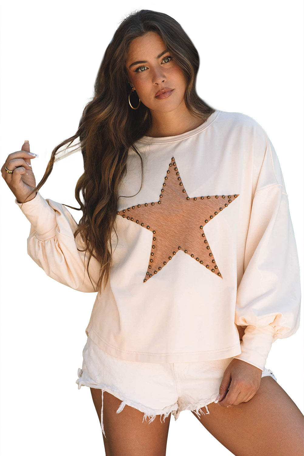 Apricot Studded Star Graphic Oversized Long Sleeve Top