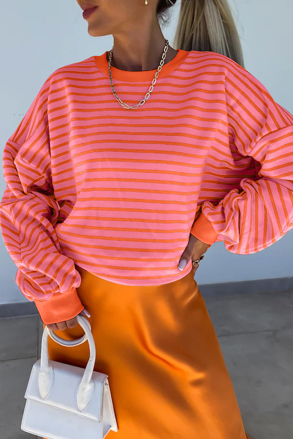 Russet Orange Drop Shoulder Crew Neck Loose Sweatshirt