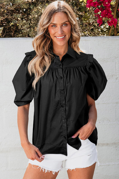 Black Crisp Puff Sleeve Loose Shirt