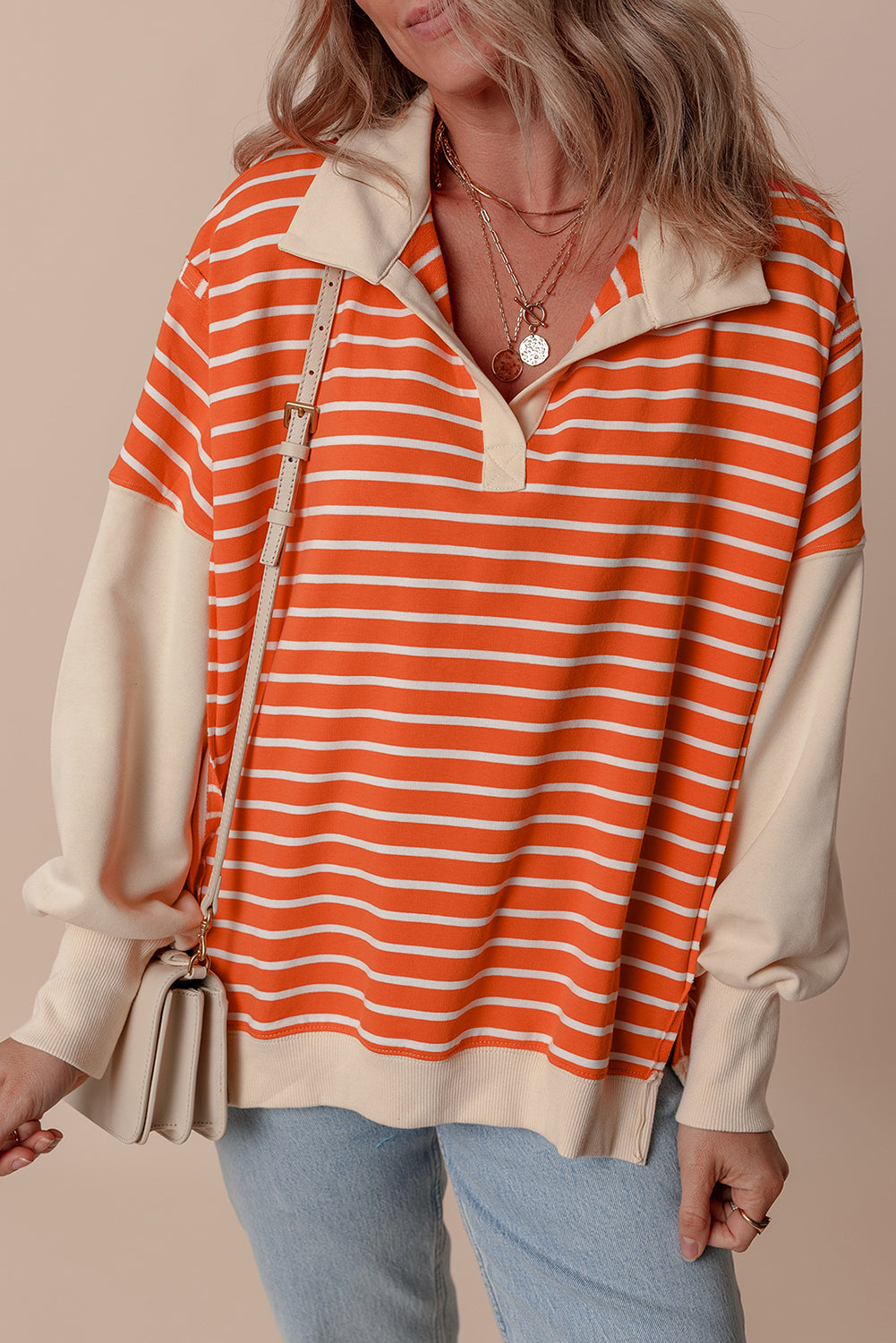 Orange Stripe Color Block Loose Fit Collared Drop Shoulder Sweatshirt