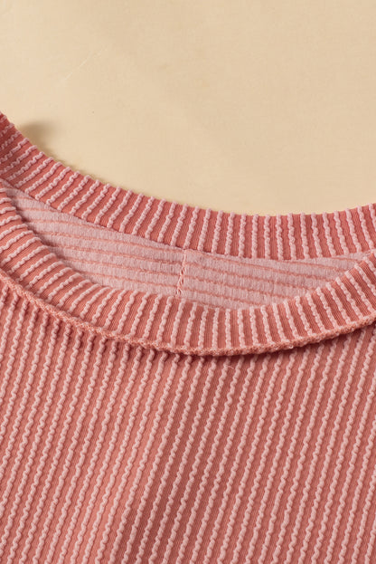 Apricot Pink Textured Colorblock Crew Neck T Shirt