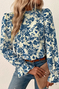 Sky Blue Floral Print Flounce Sleeve Keyhole Back Blouse