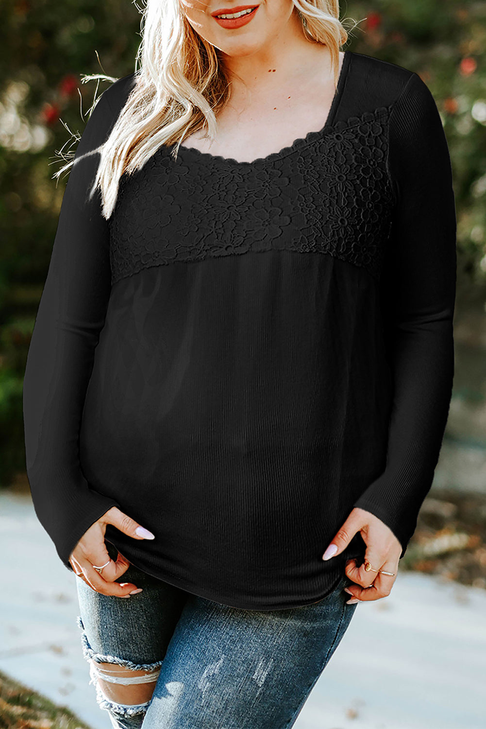 Black Lace Crochet V Neck Long Sleeve Top