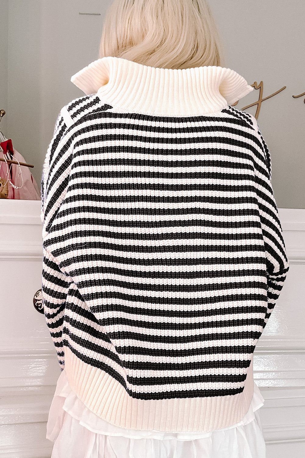 Pink Stripe Zip up Collar Drop Shoulder Sweater