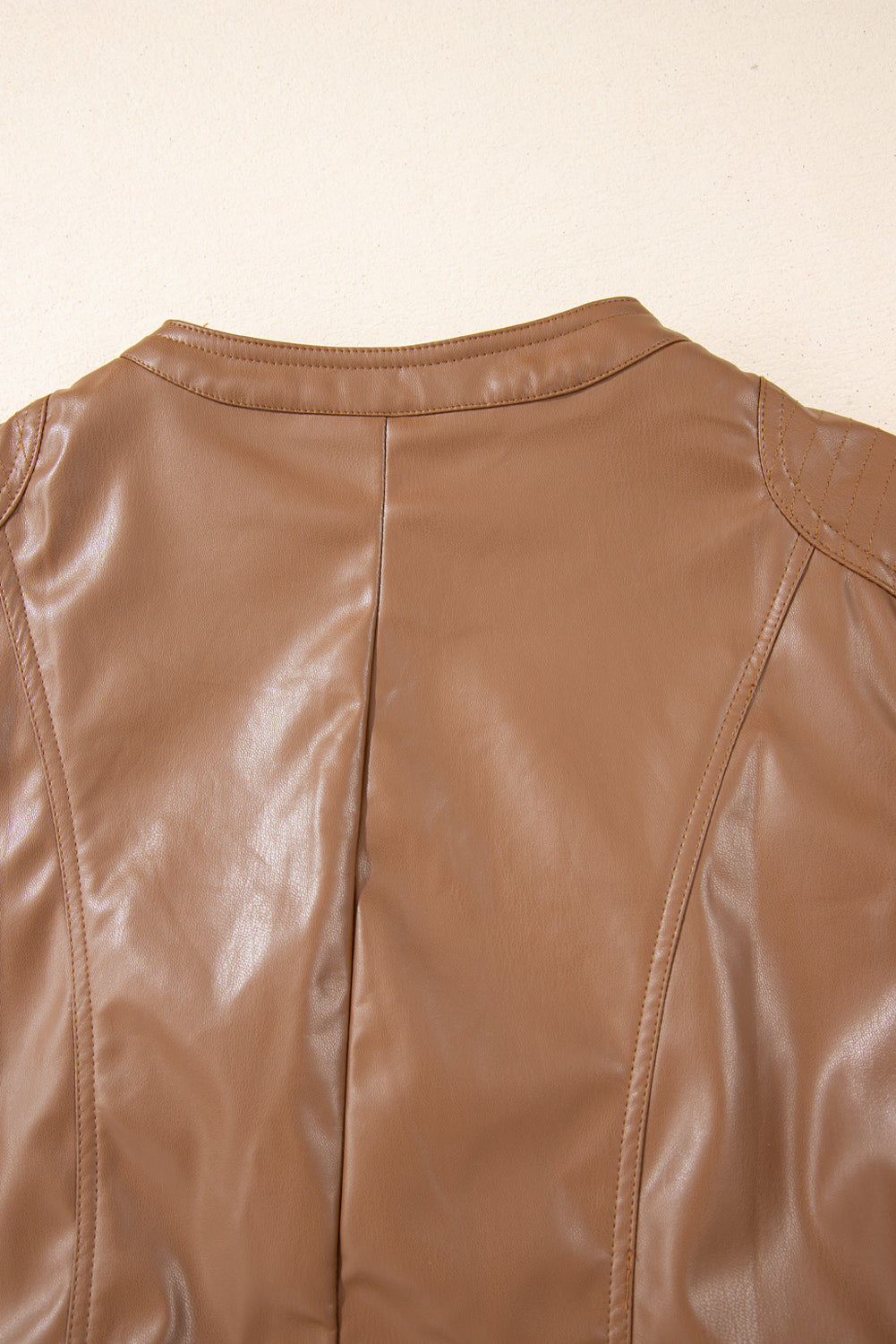 Chestnut Solid Faux Leather Zipper Slim Fit Bomber Jacket