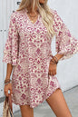 Pink Paisley Print Tiered 3/4 Sleeve Notched Neck Mini Dress