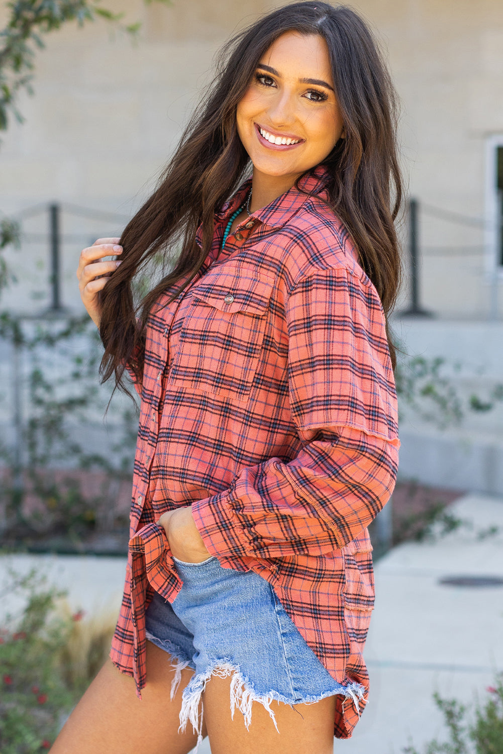 Red Plaid Long Sleeeve Side Split Distressed Hem Shirt