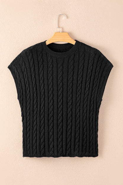 Black Crew Neck Cable Knit Short Sleeve Sweater