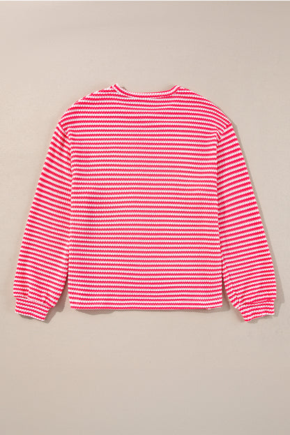 Rose Stripe Round Neck Drop Shoulder Long Sleeve Top