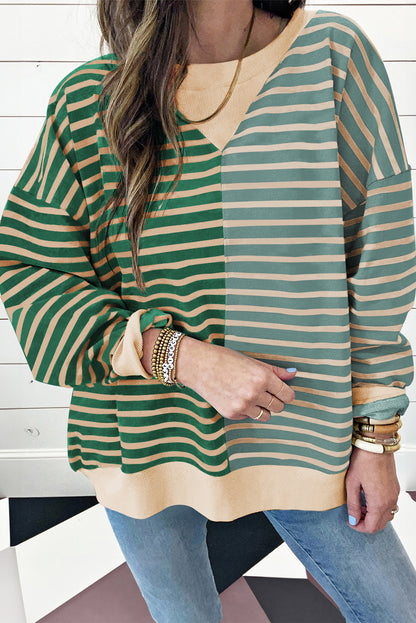 Green Stripe Colorblock Drop Shoulder Oversize Sweatshirt