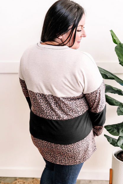 Black Leopard Print Colorblock V Neck Long Sleeve Plus Size Top