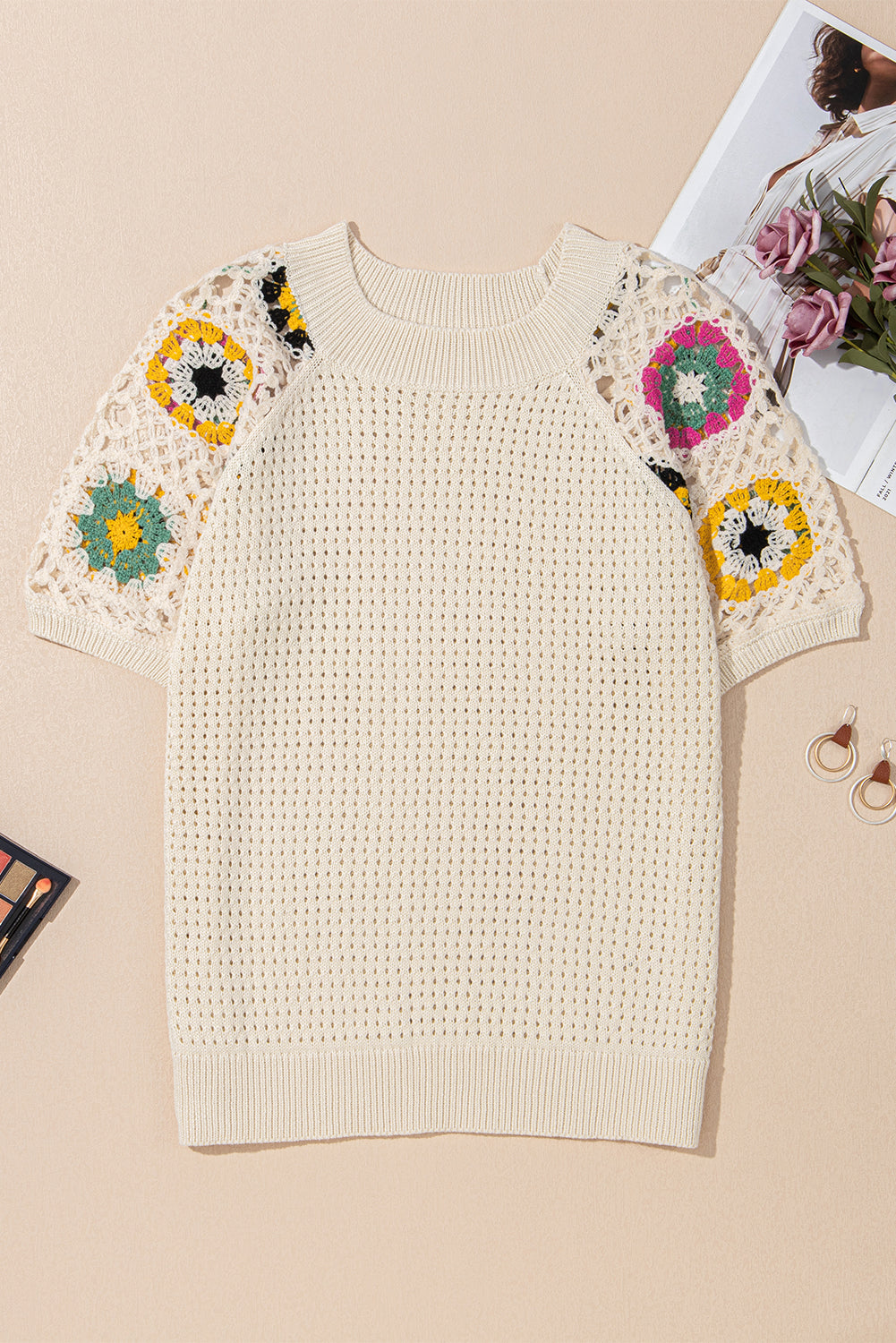 Apricot Hollow Out Floral Crochet Short Sleeve Crewneck Sweater