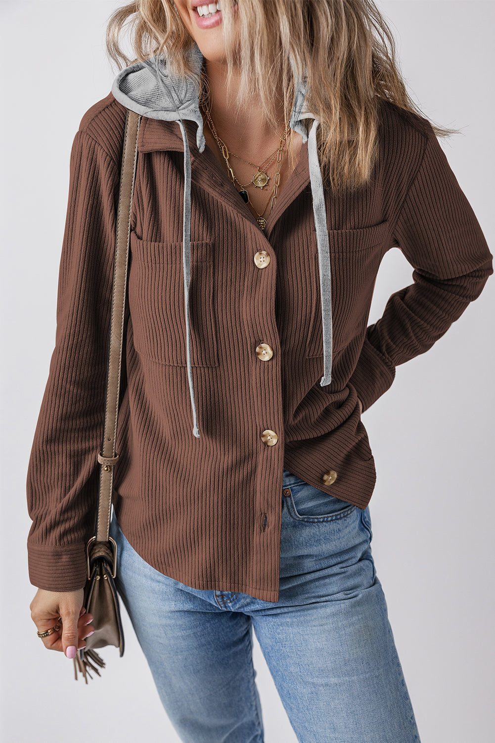 Coffee Hooded Drawstring Pockets Corduroy Shacket