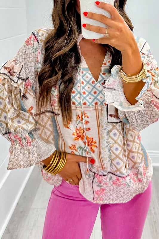 Multicolour Boho Floral Patched Ruffled Sleeve Tied Neck Blouse