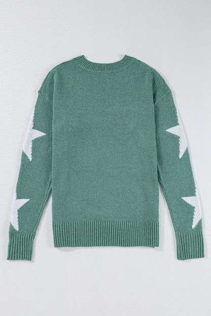 Green Star Pattern Drop Shoulder Sweater