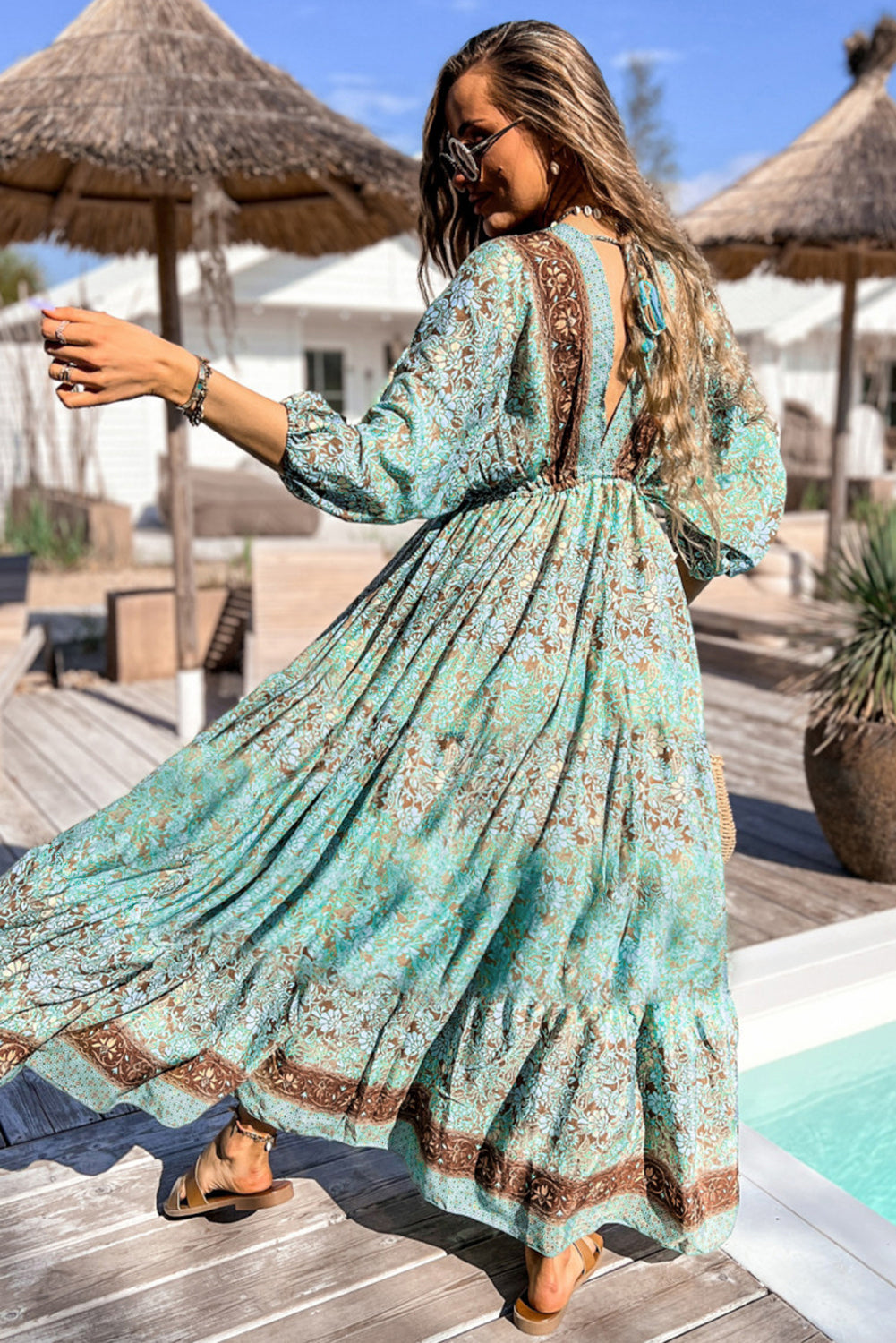 Green Boho Floral Print Lace-up Open Back High Waist Maxi Dress