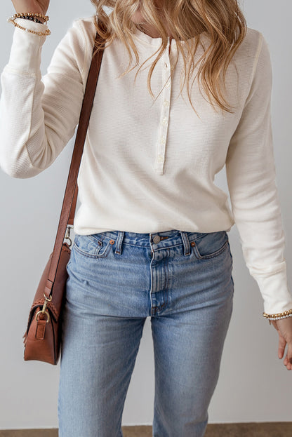 White Solid Color Waffle Half Button Long Sleeve Top