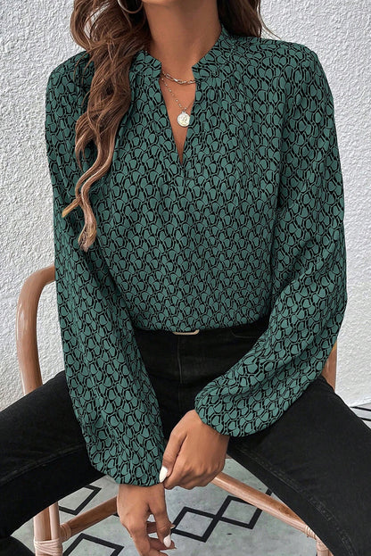 Khaki Geometric Print Notched Neck Puff Sleeve Blouse