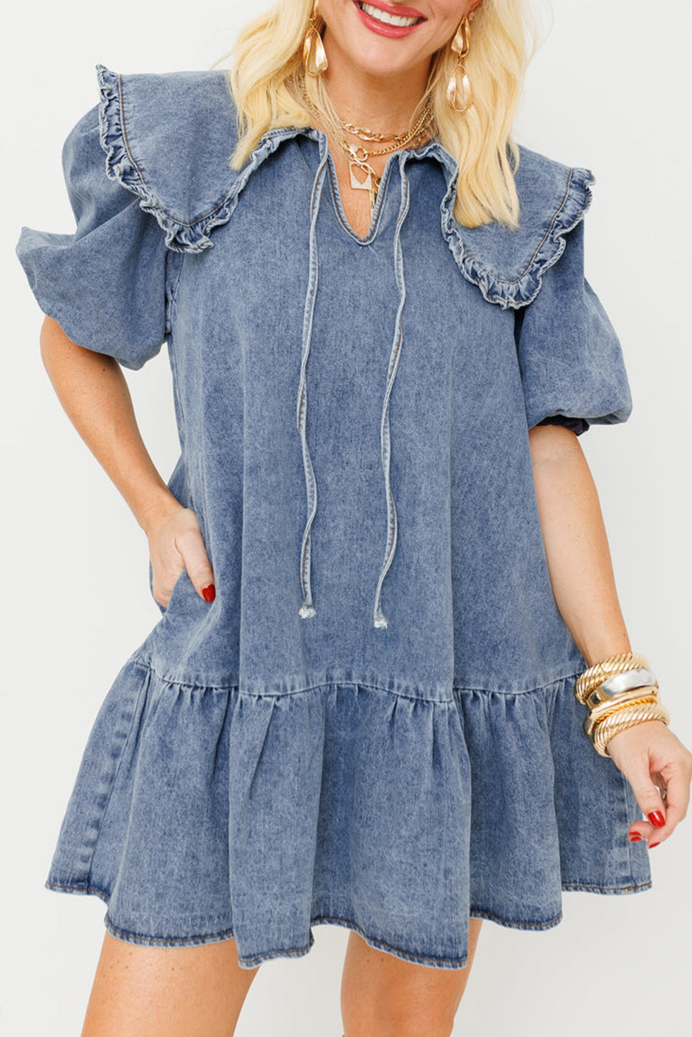 Dusk Blue Ruffled Collared Side Pockets Puff Sleeve Denim Mini Dress