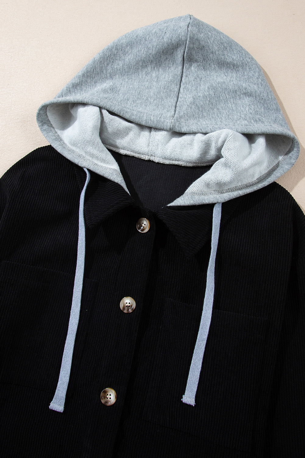 Black Hooded Drawstring Pockets Corduroy Shacket