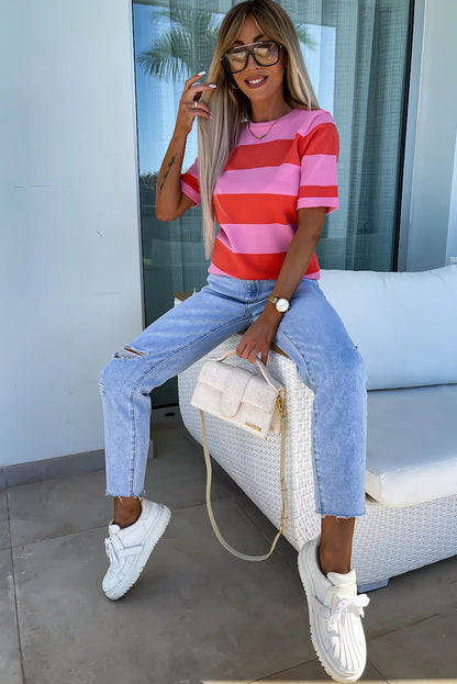 Bright Pink Colorblock Striped Knitted T shirt