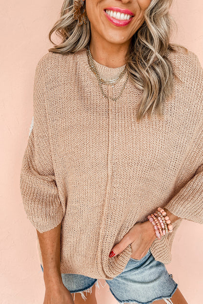 Light French Beige Contrast Striped 3/4 Sleeve Crew Neck Sweater