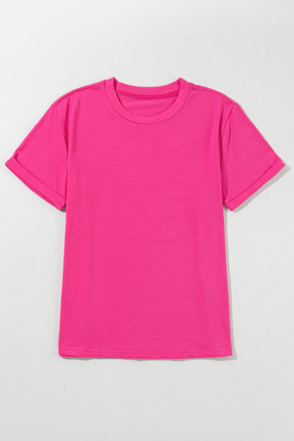 Rose Red Casual Plain Crew Neck Tee