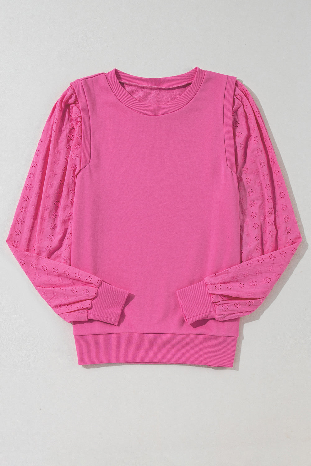 Bright Pink Textured Patchwork Round Neck Sweatshirt