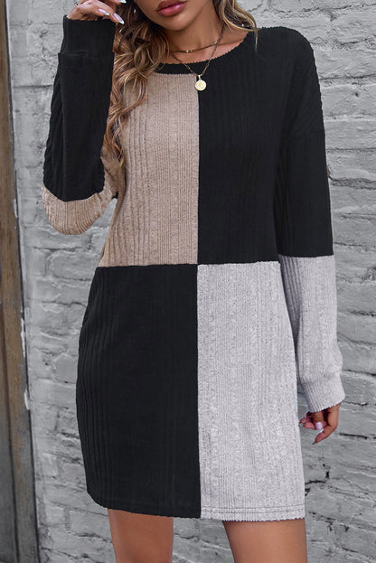 Black Ribbed Color Block Drop Shoulder Long Sleeve Mini Dress