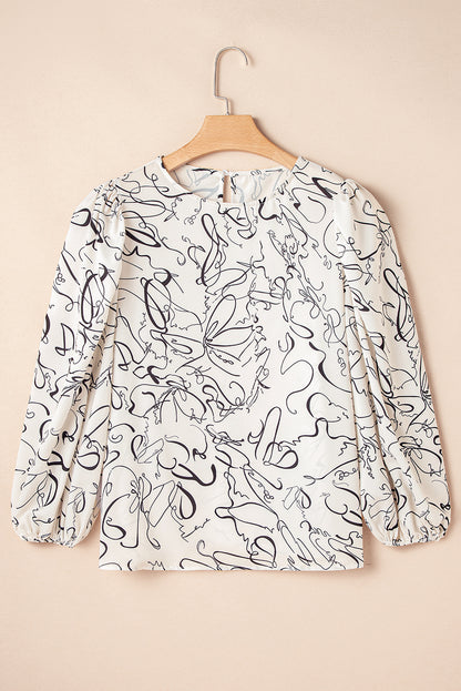 Beige Abstract Print Balloon Sleeve Crew Neck Blouse