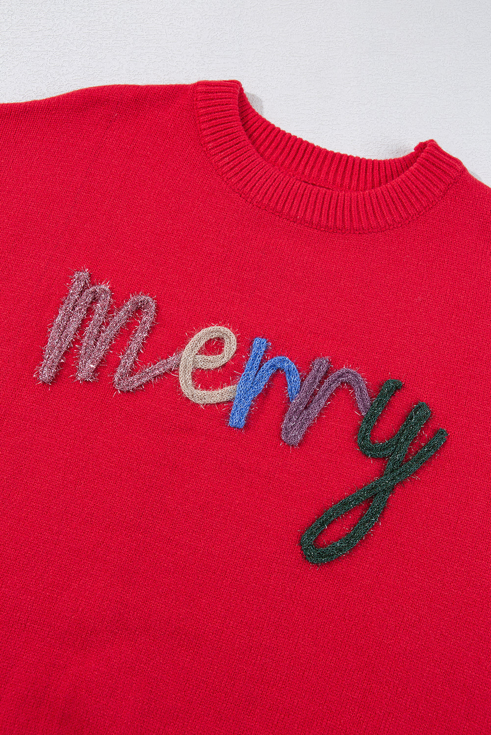 Fiery Red Tinsel Merry Letter Drop Shoulder Baggy Sweater