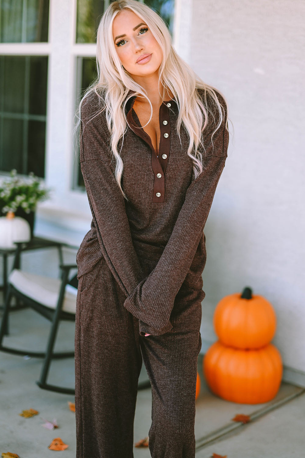 Brown Ribbed Knit Collared Henley Top and Pants Lounge Outfit