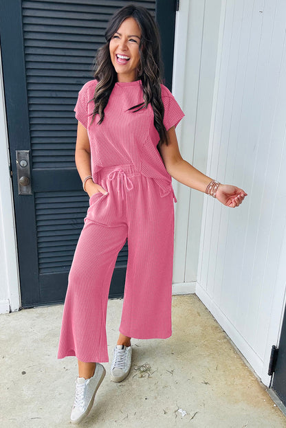 Bright Pink Solid Corded Knit Short Sleeve T Shirt and Wide Leg Pants Set