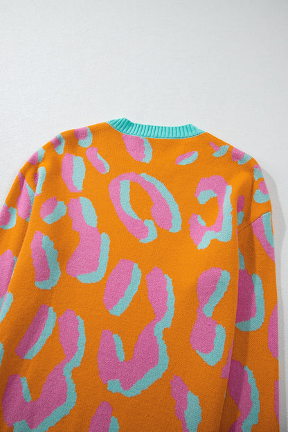 Orange Leopard Colorblock Ribbed Edge Sweater