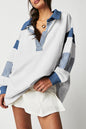 Dark Blue Striped Colorblock Patchwork Collar Sweatshirt