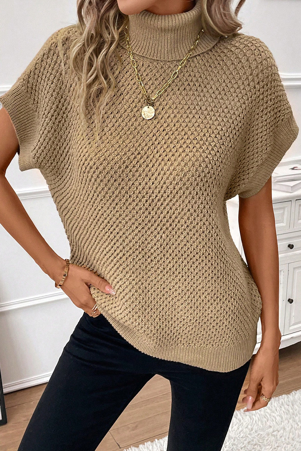 Pale Khaki Turtleneck Textured Short Sleeve Sweater