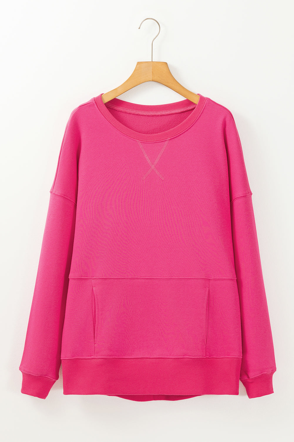 Rose Red Drop Shoulder Crisscross Stitching Pocketed Loose Sweatshirt