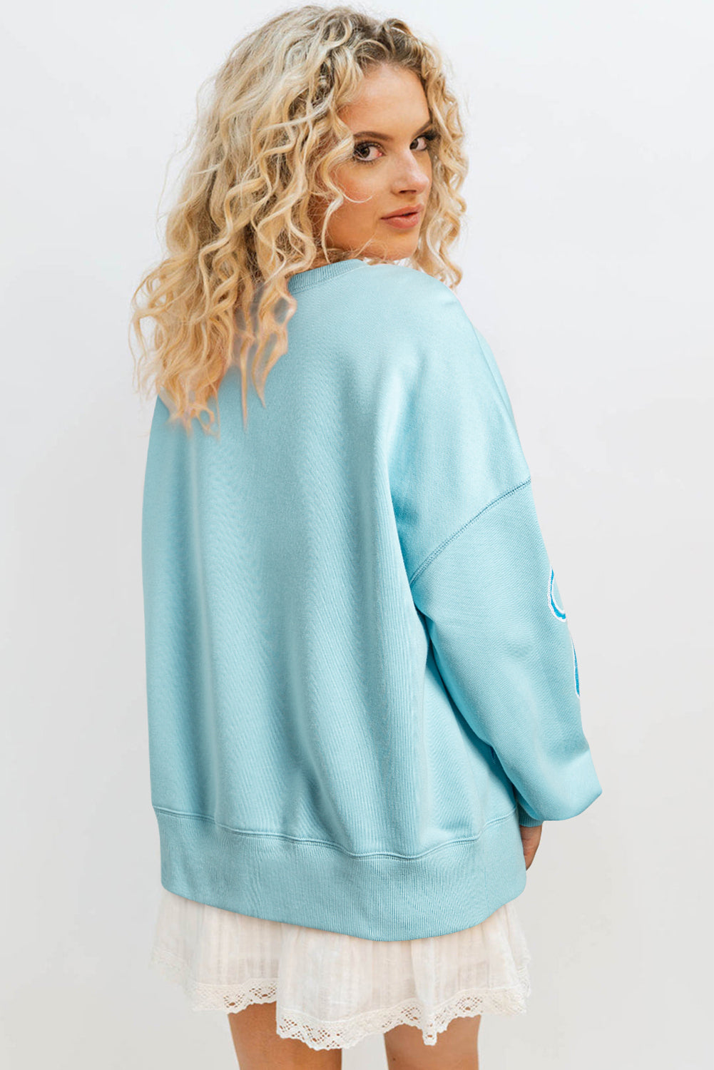 Beau Blue Sequined Bowknot Drop Shoulder Oversized Sweatshirt